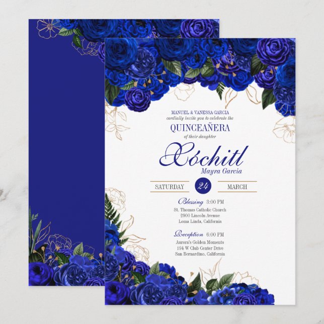 Elegant Quinceanera - Royal Blue Gold Roses Floral Invitation (Front/Back)