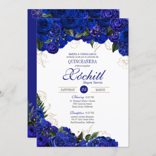 Elegant Quinceanera - Royal Blue Gold Roses Floral Invitation