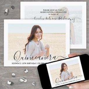 Elegant Quinceañera Script 2 Photo 15th Birthday Invitation