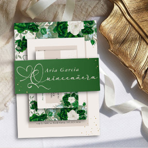 Elegant Quinceanera Script Emerald Green Invitation Belly Band
