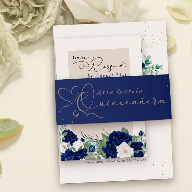 Elegant Quinceanera Script Royal Blue Invitation Belly Band (Quinceanera belly band in royal blue)