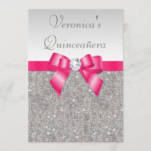 Elegant Quinceañera Silver Sequins Hot Pink Bow Invitation