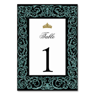 Elegant Quinceanera Table Number Teal Scrollwork