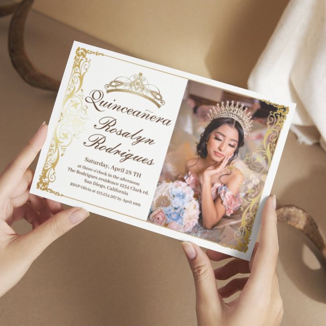 Elegant Quinceanera White Gold | Photo Invitation (Creator Uploaded)