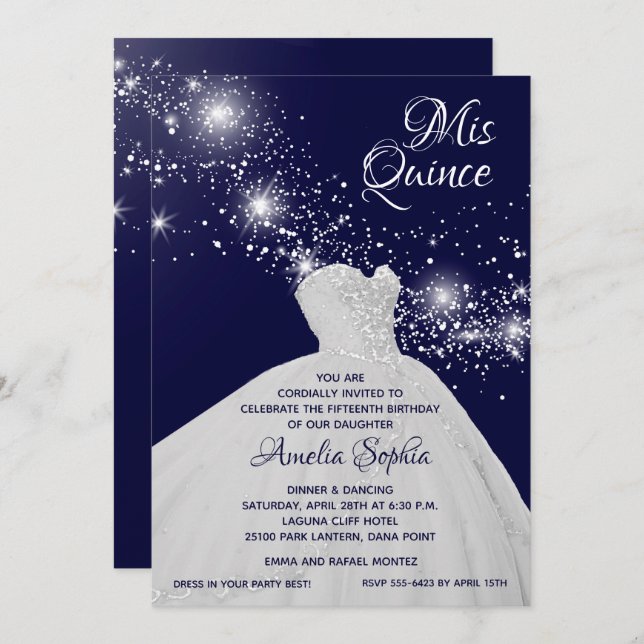 Elegant Quinceañera White Gown Invitations (Front/Back)