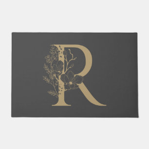 Elegant R Boho Floral Monogram Initial Grey Gold Doormat