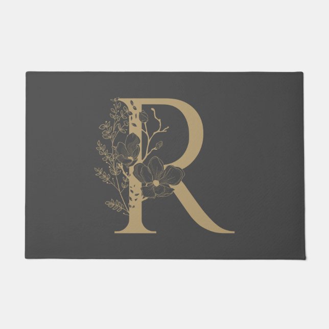 Elegant R Boho Floral Monogram Initial Grey Gold Doormat (Front)
