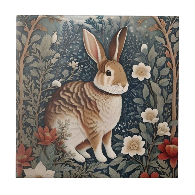 Elegant Rabbit Framed By Flowers and Leaves Tile (Front)