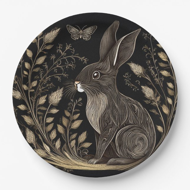 Elegant Rabbit in Black and Beige Paper Plate (Front)