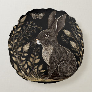 Elegant Rabbit in Black and Beige Round Cushion