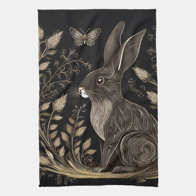 Elegant Rabbit in Black and Beige Tea Towel (Vertical)