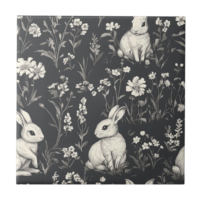 Elegant Rabbit Toile Floral Vintage Pattern Tile (Front)