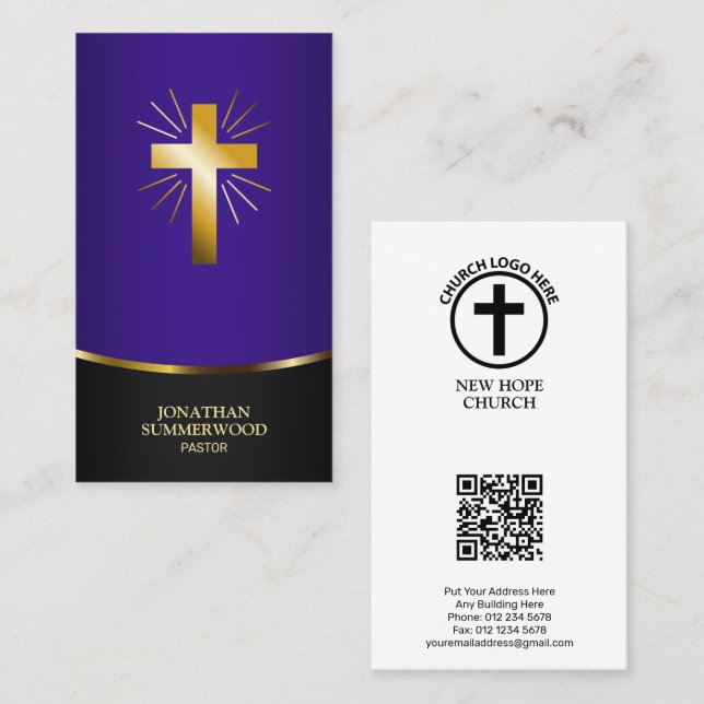 Elegant Radiant Gold Cross Evangelist Royal Purple Business Card (Front/Back)