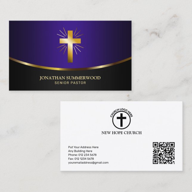 Elegant Radiant Gold Cross Evangelist Royal Purple Business Card (Front/Back)