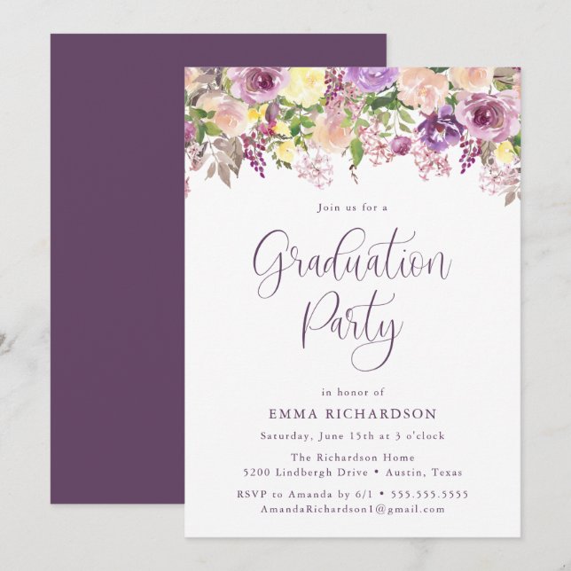 Elegant Radiant Purple Floral Graduation Party Invitation (Front/Back)