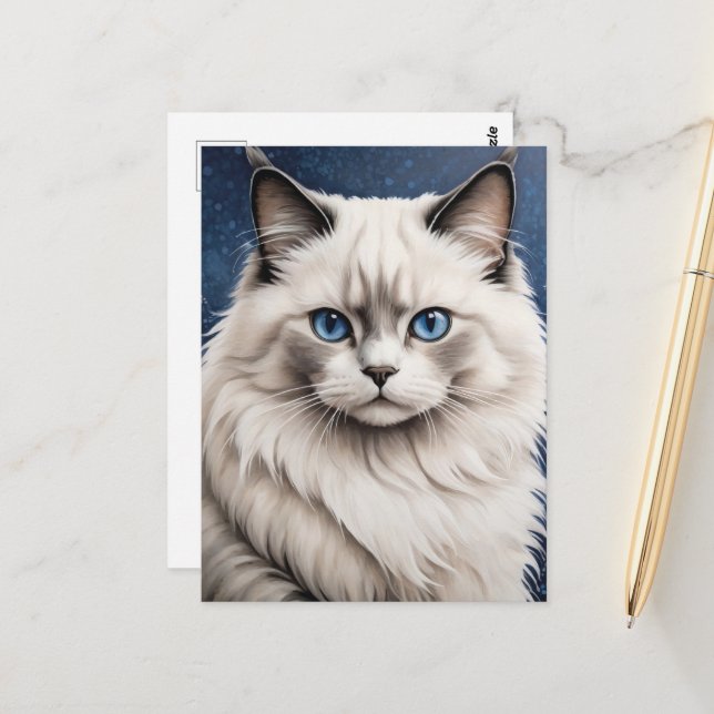 Elegant Ragdoll Cat Portrait Artwork Blue Eyes  Postcard (Front/Back In Situ)