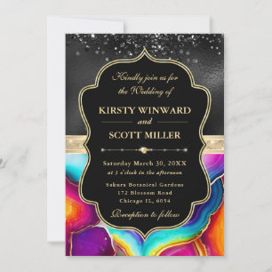 Elegant Rainbow Agate Black Glitter Wedding Invitation