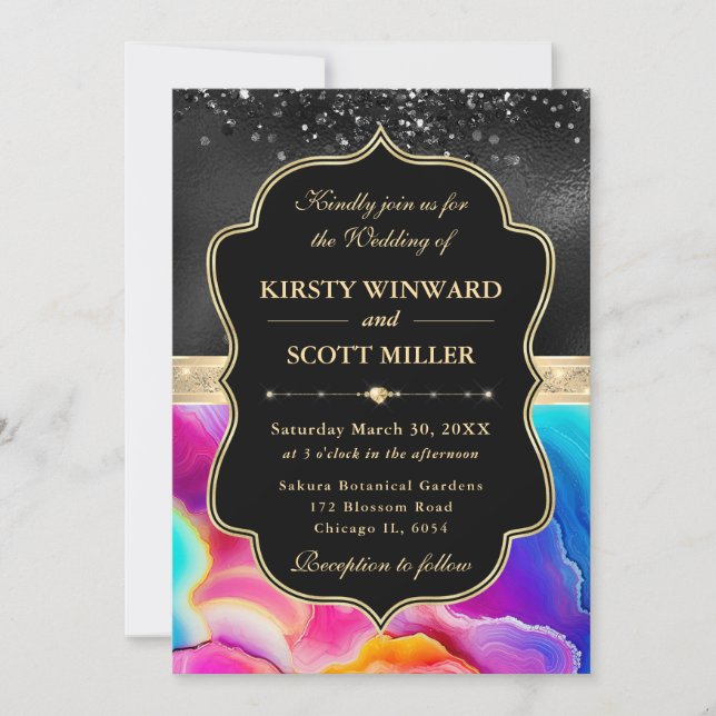 Elegant Rainbow Agate Black Glitter Wedding Invitation (Front)