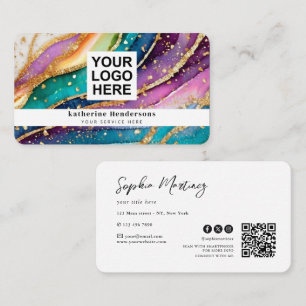 Elegant Rainbow Agate gold Glitter & QR Code Logo Business Card