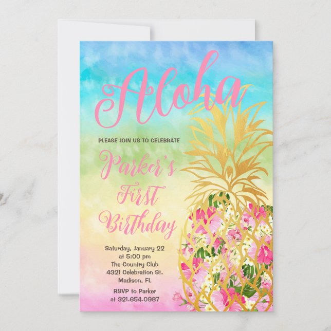 Elegant Rainbow Aloha Pineapple First Birthday Invitation (Front)
