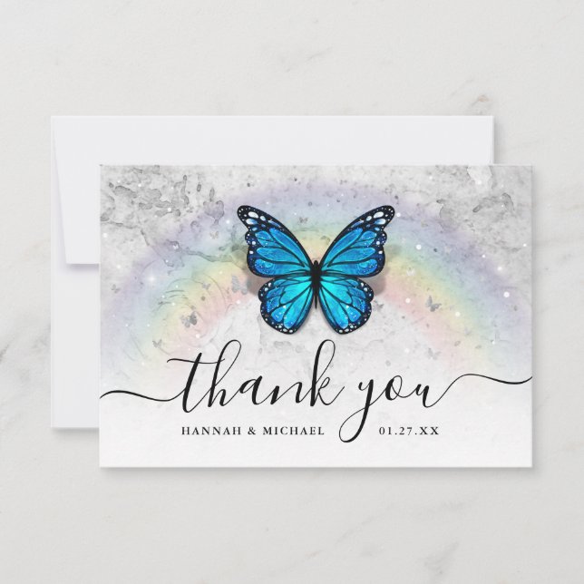Elegant Rainbow and Blue Butterfly Wedding Thank You Card (Front)