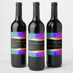 Elegant Rainbow and Gold Glitter Agate Wedding Wine Label