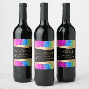 Elegant Rainbow and Gold Glitter Agate Wedding Wine Label
