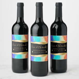 Elegant Rainbow and Gold Glitter Agate Wedding Wine Label