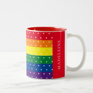 Elegant Rainbow and White Polka Dot Name Two-Tone Coffee Mug