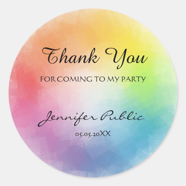 Elegant Rainbow Colours Template Thank You Text Classic Round Sticker (Front)