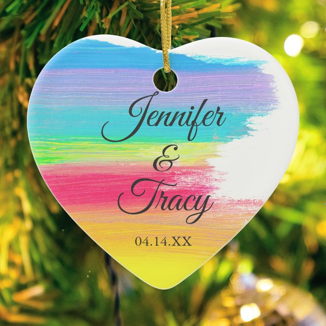 Elegant Rainbow Custom LGBT Couple Photo Christmas Ceramic Tree Decoration (Creator Uploaded)