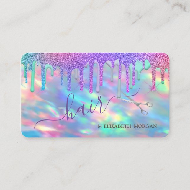 Elegant Rainbow Drips Scissors Holographic Opal Business Card (Front)