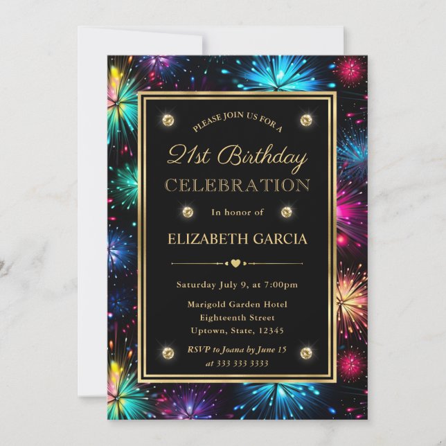 Elegant Rainbow Fireworks Frame 21st Birthday Invitation (Front)