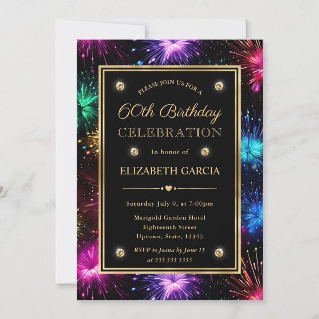 Elegant Rainbow Fireworks Frame 60th Birthday Invitation (Front)