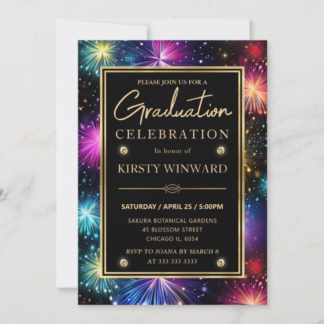 Elegant Rainbow Fireworks Frame Graduation Invitation (Front)