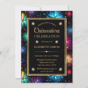 Elegant Rainbow Fireworks Frame Quinceanera Invitation