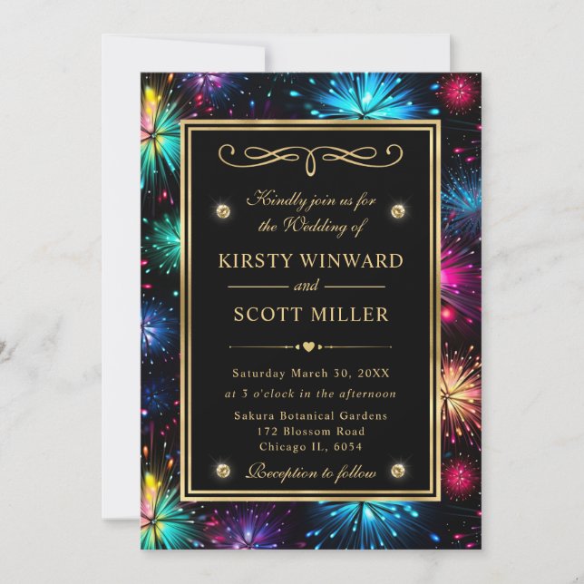 Elegant Rainbow Fireworks Gold Frame Wedding Invitation (Front)