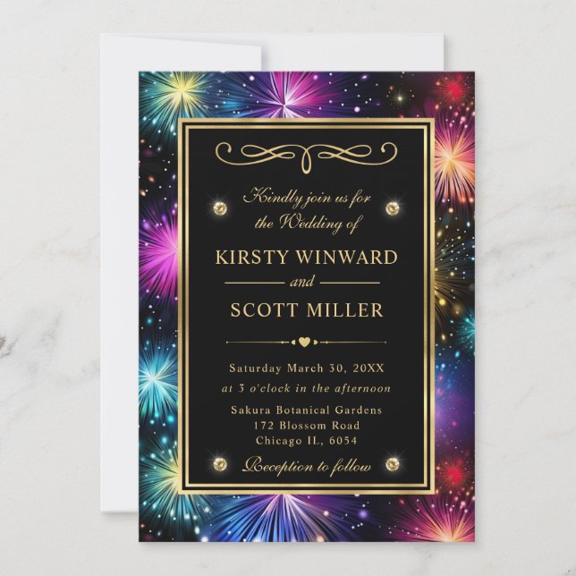 Elegant Rainbow Fireworks Gold Frame Wedding Invitation (Front)
