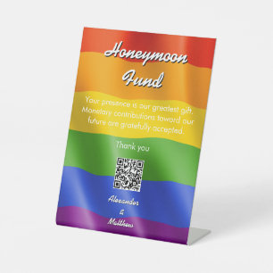 Elegant Rainbow Gay Men Wedding Honeymoon Fund Pedestal Sign
