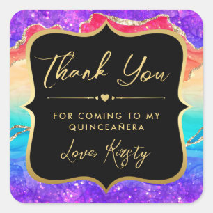 Elegant Rainbow Glitter Agate and Gold Quinceanera Square Sticker