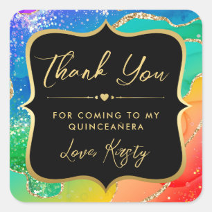 Elegant Rainbow Glitter Agate and Gold Quinceanera Square Sticker