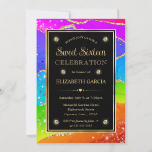 Elegant Rainbow Glitter Agate and Gold Sweet 16 Invitation
