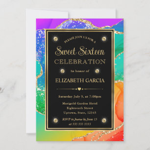 Elegant Rainbow Glitter Agate and Gold Sweet 16 Invitation
