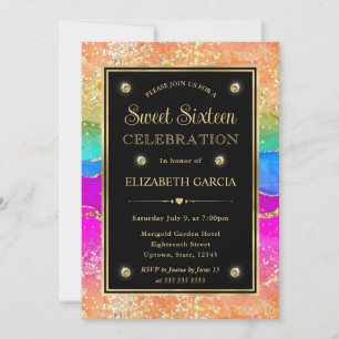 Elegant Rainbow Glitter Agate and Gold Sweet 16 Invitation
