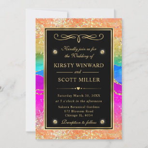 Elegant Rainbow Glitter Agate and Gold Wedding Invitation