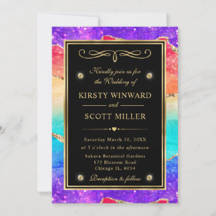 Elegant Rainbow Glitter Agate and Gold Wedding Invitation
