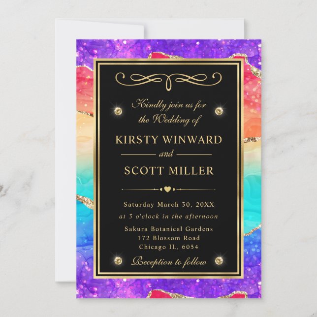 Elegant Rainbow Glitter Agate and Gold Wedding Invitation (Front)