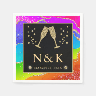 Elegant Rainbow Glitter Agate and Gold Wedding Napkin