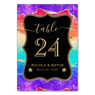 Elegant Rainbow Glitter Agate and Gold Wedding Tab Table Number