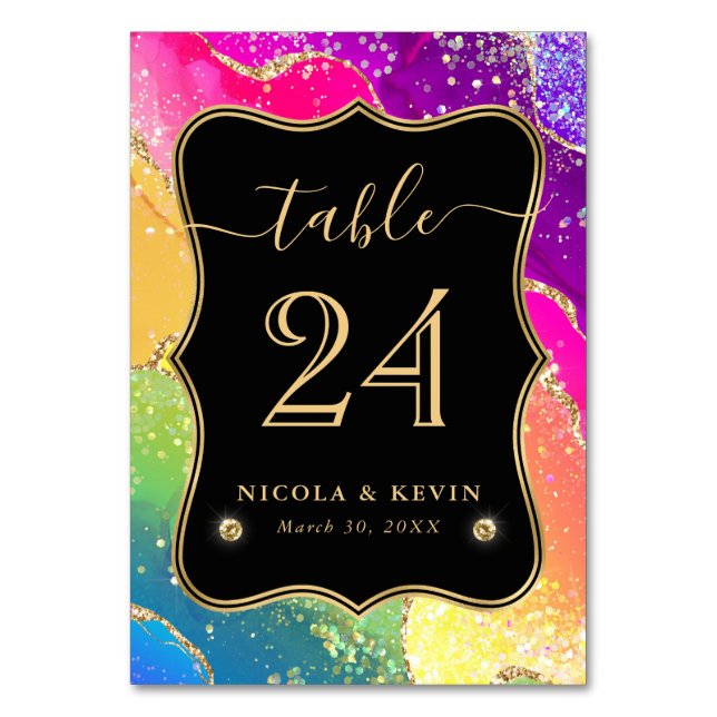 Elegant Rainbow Glitter Agate and Gold Wedding Table Number (Front)